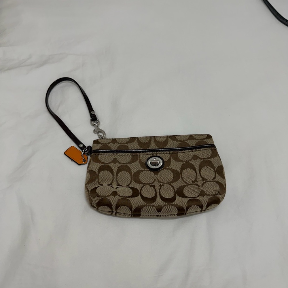 Coach Brown/Tan Signature Canvas Wristlet with Orange Tag